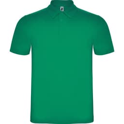 A green polo shirt featuring a collar and short sleeves, with a logo on the label.
