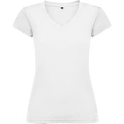 A white women's V-neck T-shirt with short sleeves, featuring a logo on the front.