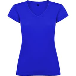 A blue V-neck T-shirt with short sleeves and a fitted style. It features a logo on the label.
