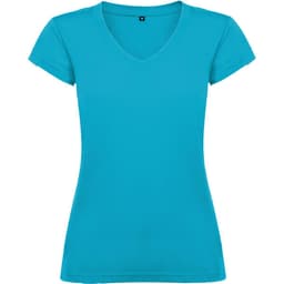 A turquoise v-neck t-shirt with short sleeves, featuring a logo on the front.