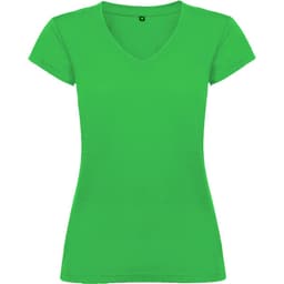 A green Victoria T-Shirt with a V-neck and short sleeves, featuring a branding logo.