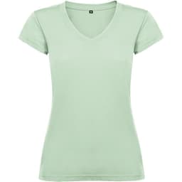 A light green V-neck T-shirt featuring short sleeves and a streamlined design. It includes a branding logo.