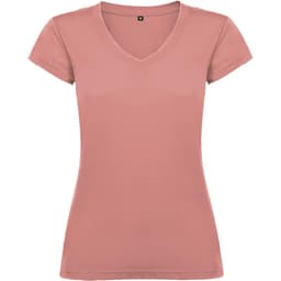 A pink V-neck T-shirt with short sleeves, featuring a simple design and a logo.