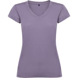 A lilac V-neck women's t-shirt with short sleeves and a fitted silhouette, featuring a logo.