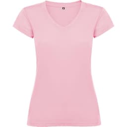 A pink Victoria T-Shirt featuring a V-neck design and short sleeves, with a branding logo on it.