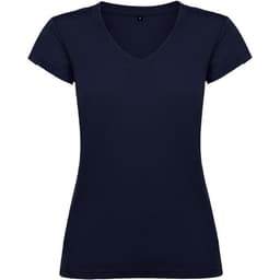 A navy blue women's T-shirt with a V-neck and short sleeves, featuring a logo.