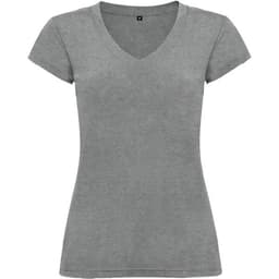 A grey V-neck T-shirt featuring short sleeves and a fitted style, with a branding logo.