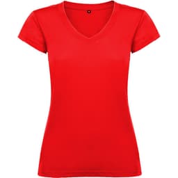 A red women's T-shirt with short sleeves and a V-neck design. It features a logo at the neckline.