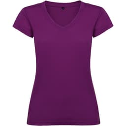 A purple women's V-neck T-shirt featuring short sleeves and a fitted design. It has a logo on the label.
