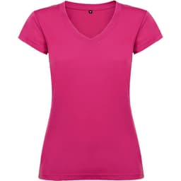 A pink Victoria T-Shirt with short sleeves and a V-neckline. It has a simple design and includes a logo.