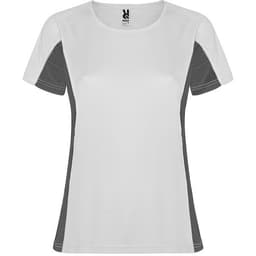 A women's T-shirt in white with grey side panels. It features a logo on the neckline.