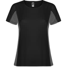 A black women's T-shirt with short sleeves and a mesh panel design, featuring a logo on the label.