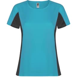 A women's t-shirt in turquoise blue with black side panels and a logo on the tag.