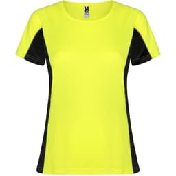 A vibrant yellow women's T-shirt with black side panels and a logo on the collar.