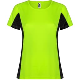 A vibrant women's T-shirt in bright lime green with contrasting black panels and a logo.