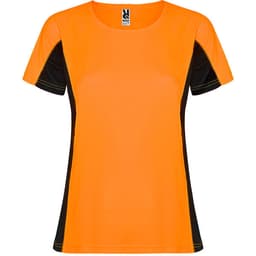 An orange women's T-shirt with black side panels and a logo on the label.
