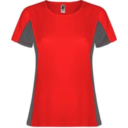 A red women's t-shirt with grey accents and a logo on the neckline. Short sleeves and a round neckline.