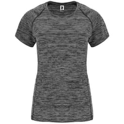 A grey women's T-shirt with a striped pattern and short sleeves, featuring a logo on the label.