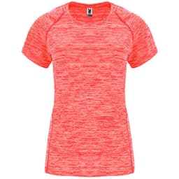 A women's t-shirt in a vibrant coral colour with a textured design and short sleeves. Features a logo.