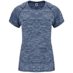 A women's T-shirt in a navy blue marled pattern. Short sleeves and a fitted design with a logo at the neckline.