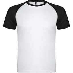 A white T-shirt with black raglan sleeves, featuring a logo on the front.