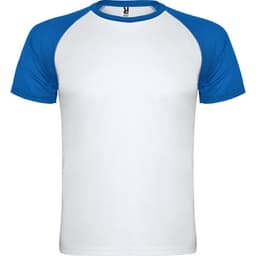 A T-shirt featuring a white body and blue raglan sleeves, with a logo on the neckline.