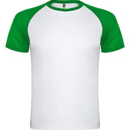 A T-shirt featuring a white body and green raglan sleeves, with a branding label at the collar.