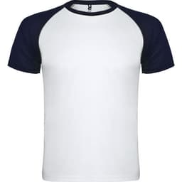 A T-shirt featuring a white body and navy blue raglan sleeves, with a logo on the collar.