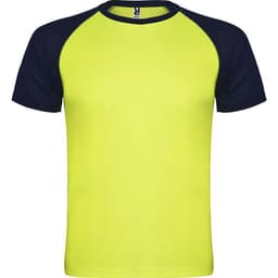 A vibrant yellow T-shirt with navy blue raglan sleeves and a logo. Ideal for casual wear.
