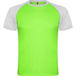 A bright green T-shirt with grey raglan sleeves and a simple design. It features a logo on the upper back.