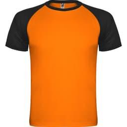 An orange T-shirt with black raglan sleeves, featuring a logo on the tag.