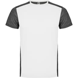 A white T-shirt with dark grey sleeves and side panels, featuring a logo on the collar.