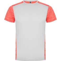 A T-shirt with a grey body and coral-red sleeves, featuring a logo on the neckline.