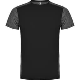 A black T-shirt featuring grey shoulder panels and a logo on the collar. Short sleeves and a classic fit design.