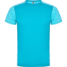 A turquoise T-shirt with contrasting light blue sleeves and a logo on the collar.