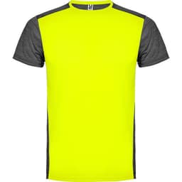 A bright yellow and grey t-shirt featuring short sleeves and a logo on the chest area.