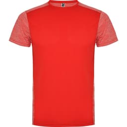 A red T-shirt with grey sleeves and side panels, featuring a logo on the neckline.