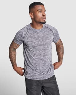 A grey melange t-shirt with short sleeves and a fitted design, featuring a logo on the chest.