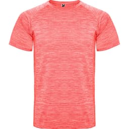 A short-sleeved T-shirt in a vibrant coral colour, featuring a textured design and a logo on the collar.