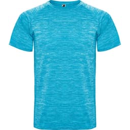 A blue marled T-shirt with a round neckline and short sleeves, featuring a logo on the collar.