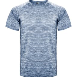 A blue heather T-shirt with a round neck and short sleeves, featuring a logo on the upper centre.