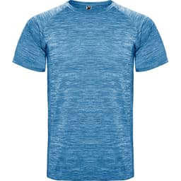 A blue T-shirt with a textured finish and a logo on the front. Suitable for casual wear.