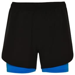 Black sports shorts with a blue inner layer, featuring an elastic waistband and a logo.