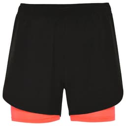 A pair of black running shorts with a pink inner layer, featuring a logo on the waistband.