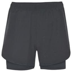 Black running shorts featuring a layered design and an inner lining, complemented by a logo.