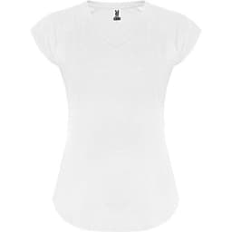 A white V-neck t-shirt with cap sleeves and a branded label on the neckline.