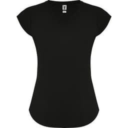 A black women's T-shirt with a V-neck and capped sleeves, featuring a logo on the label.