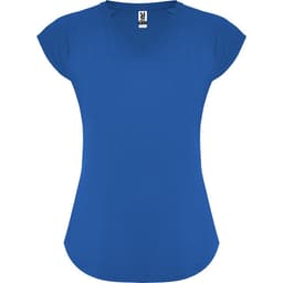A blue V-neck T-shirt with cap sleeves and a fitted style. It features a logo on the label.