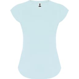 A light blue T-shirt with short sleeves and a scoop neckline, featuring a branding logo.