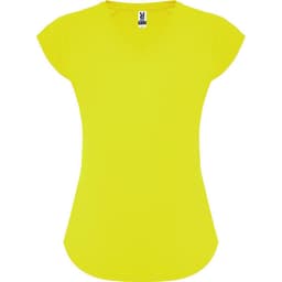 A yellow Avus T-Shirt with a V-neck and cap sleeves, featuring a logo.